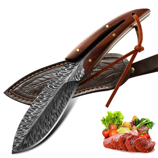 Multi Purpose Kitchen Knife Hunting Knife Feather Pattern Knife With Sheath Stainless Steel Fruit Knives Outdoor