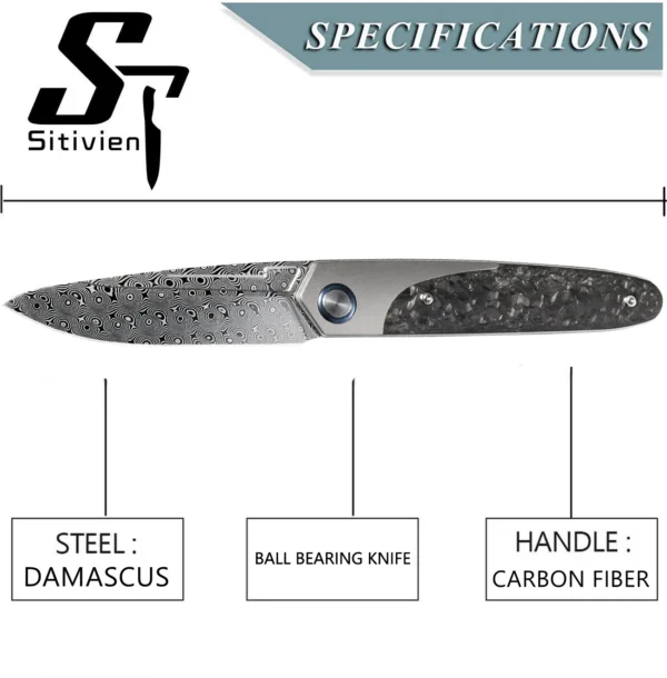 Sitivien ST245 Damascus Steel Folding Knives Ball Bearing Titanium Carbon Fiber Handle EDC Knife for Working 3