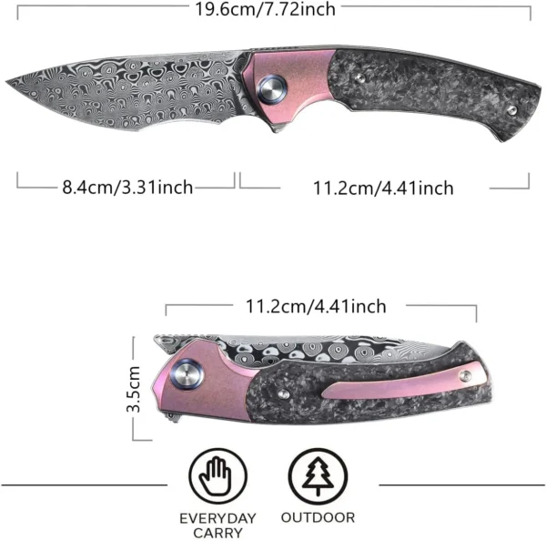 Sitivien ST255 Folding Knife Damascus Rose Print Pattern Blade Titanium Carbon Fiber Handle EDC Knife for 2