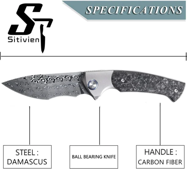 Sitivien ST255 Folding Knife Damascus Rose Print Pattern Blade Titanium Carbon Fiber Handle EDC Knife for 3