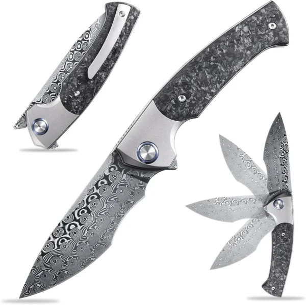 Sitivien ST255 Folding Knife Damascus Rose Print Pattern Blade Titanium Carbon Fiber Handle EDC Knife for