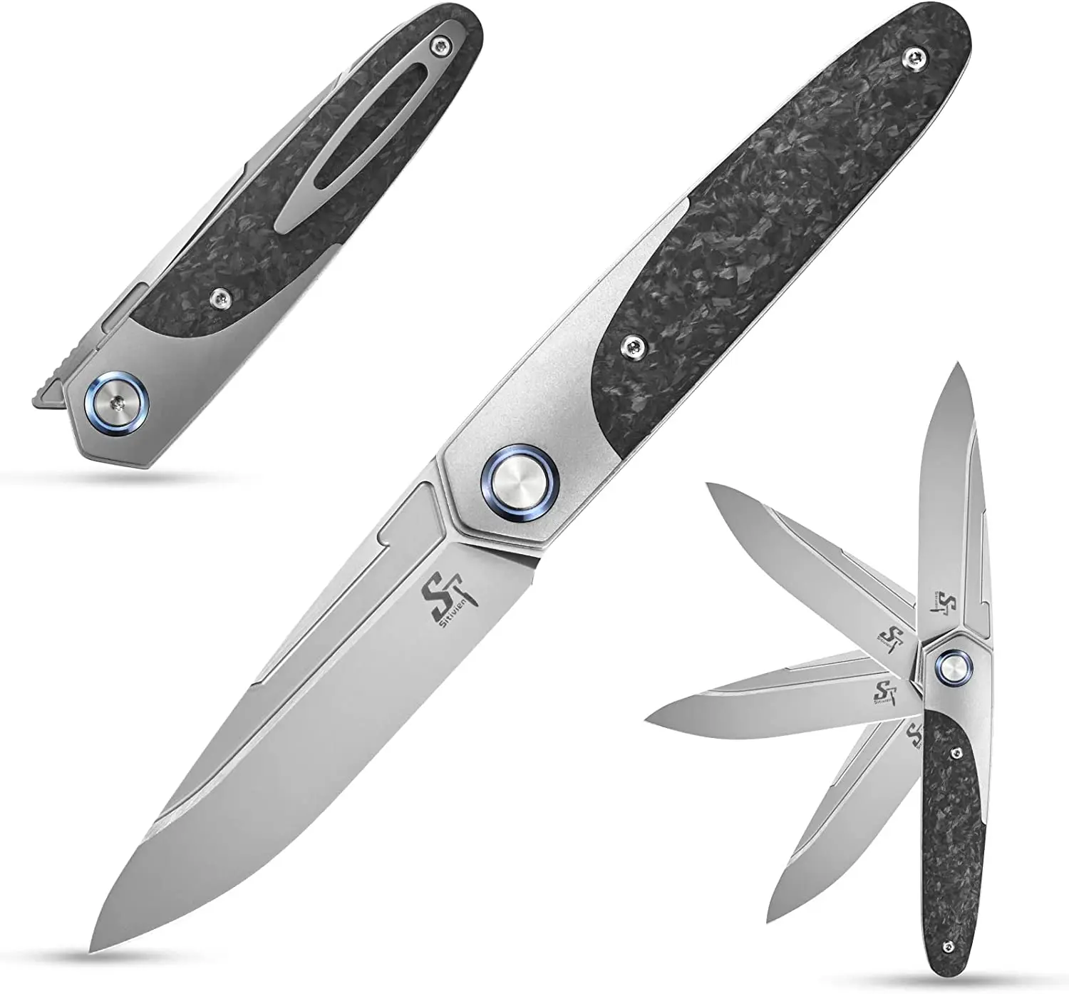 Sitivien ST992 Folding Pocket Knife Handmade M390 Pearlescent Brushed Steel Blade Titanium Carbon Fiber Handle EDC