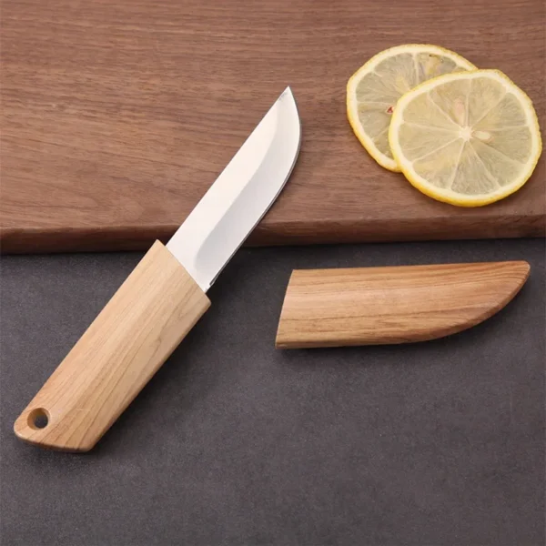 Blade EDC Kitchen Fruit Imitation Wood Handle Knife with Wooden Sheath Outdoor Camping Multifunctional Unpacking Knife 2