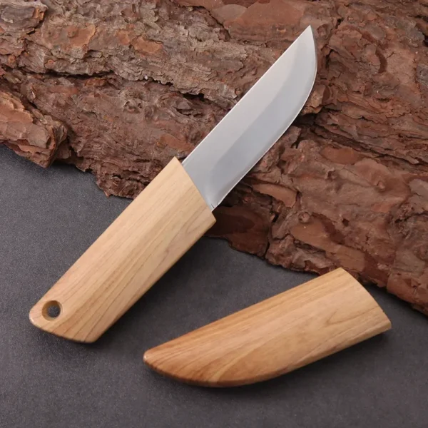 Blade EDC Kitchen Fruit Imitation Wood Handle Knife with Wooden Sheath Outdoor Camping Multifunctional Unpacking Knife 4