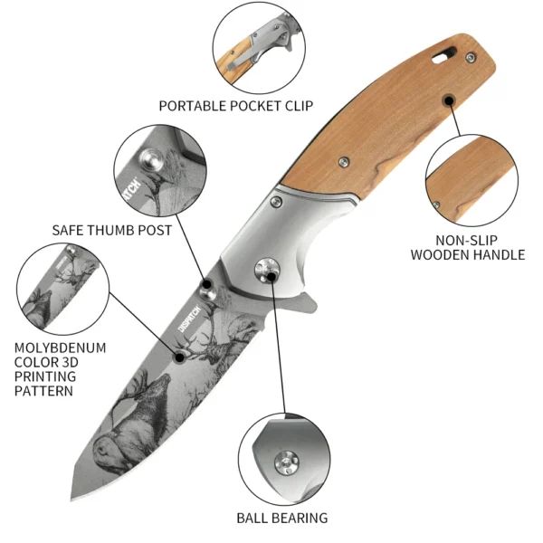 3D Printed Blade Folding Knife Olive Wood Handle Pocket Knife for Outdoor Camping Hunting Survival EDC 2