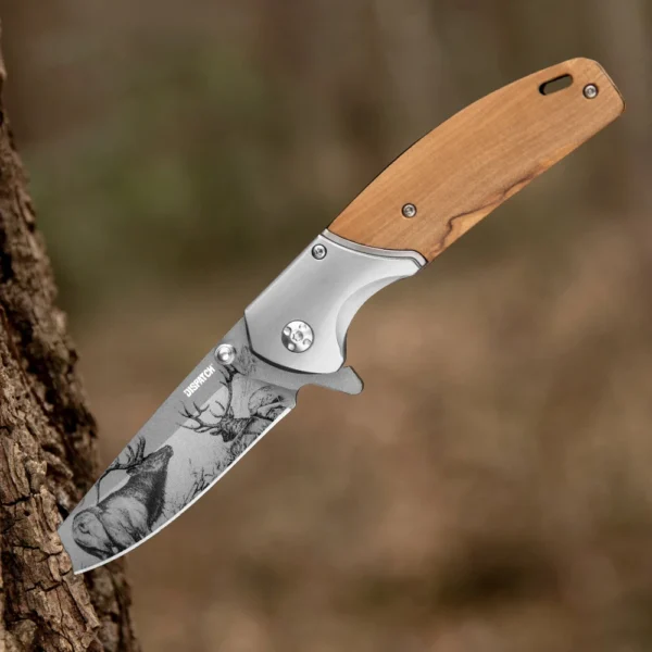 3D Printed Blade Folding Knife Olive Wood Handle Pocket Knife for Outdoor Camping Hunting Survival EDC 4