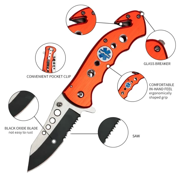 Folding Pocket Knife Aluminum Handle with Saw Rope Cutter Glass Breaker Multifunction for Outdoor Hunting Camping 2