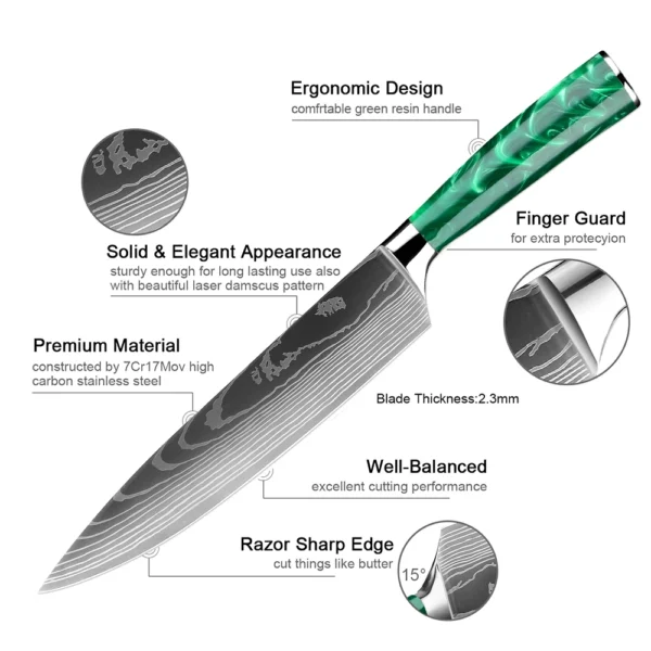 XITUO New Stainless Steel Kitchen Knives Set Green Resin Handle Laser Damascus Pattern Chef Knife Santoku 2