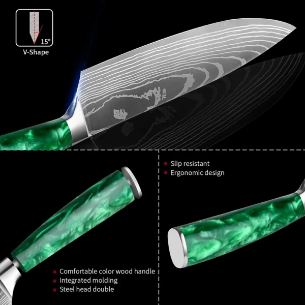 XITUO New Stainless Steel Kitchen Knives Set Green Resin Handle Laser Damascus Pattern Chef Knife Santoku 3