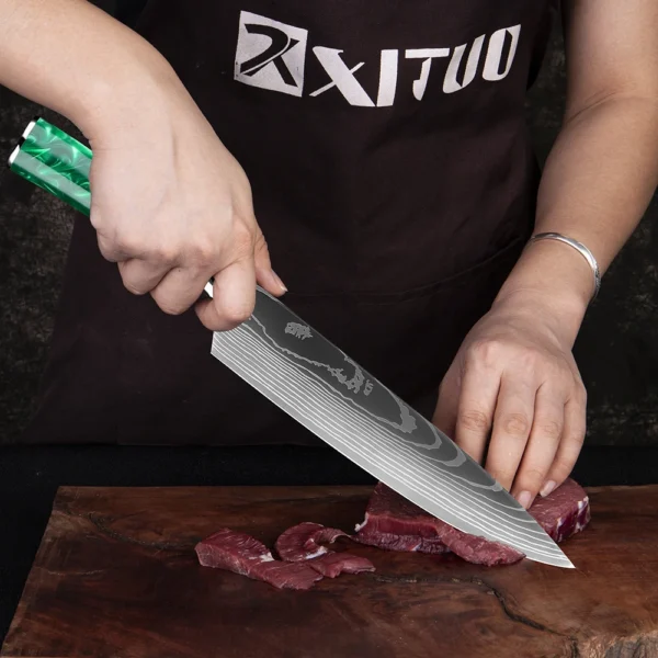 XITUO New Stainless Steel Kitchen Knives Set Green Resin Handle Laser Damascus Pattern Chef Knife Santoku 5