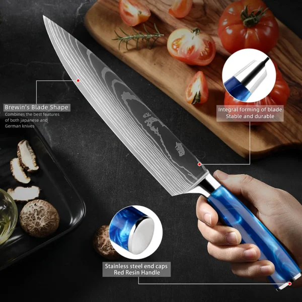 XITUO kitchen knives Set Exquisite blue resin handle Laser Damascus pattern Chef knife Santoku Cleaver Slicing 3