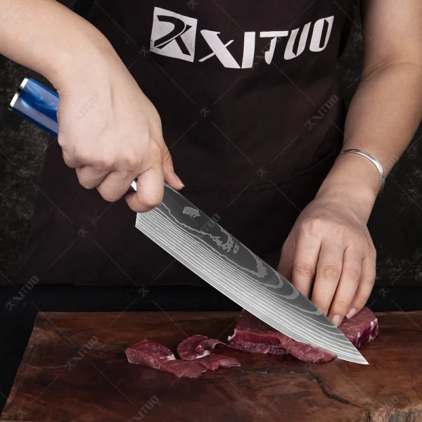 XITUO kitchen knives Set Exquisite blue resin handle Laser Damascus pattern Chef knife Santoku Cleaver Slicing 4