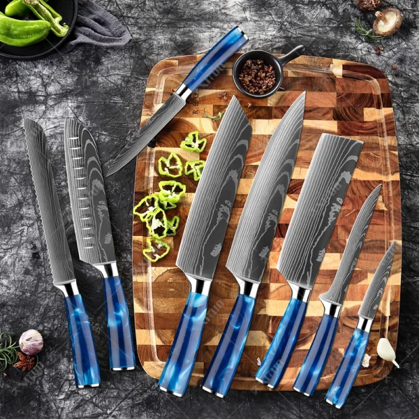 XITUO kitchen knives Set Exquisite blue resin handle Laser Damascus pattern Chef knife Santoku Cleaver Slicing 5