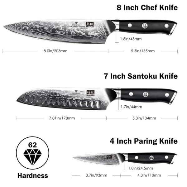 SHAN ZU Chef Knife Set 3 PCS Professional Sharp 8 Chefs Knife 7 Santoku Knife 3 5