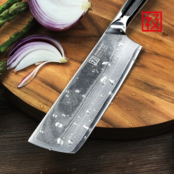 kf Sa9c76c270e3545478df7cf6c095826bfQ KEEMAKE Japanese Nakiri Knife 7 Inch Damascus Steel Cleaver Kitchen Knife Ultra Sharp Vegetable Fruit Meat